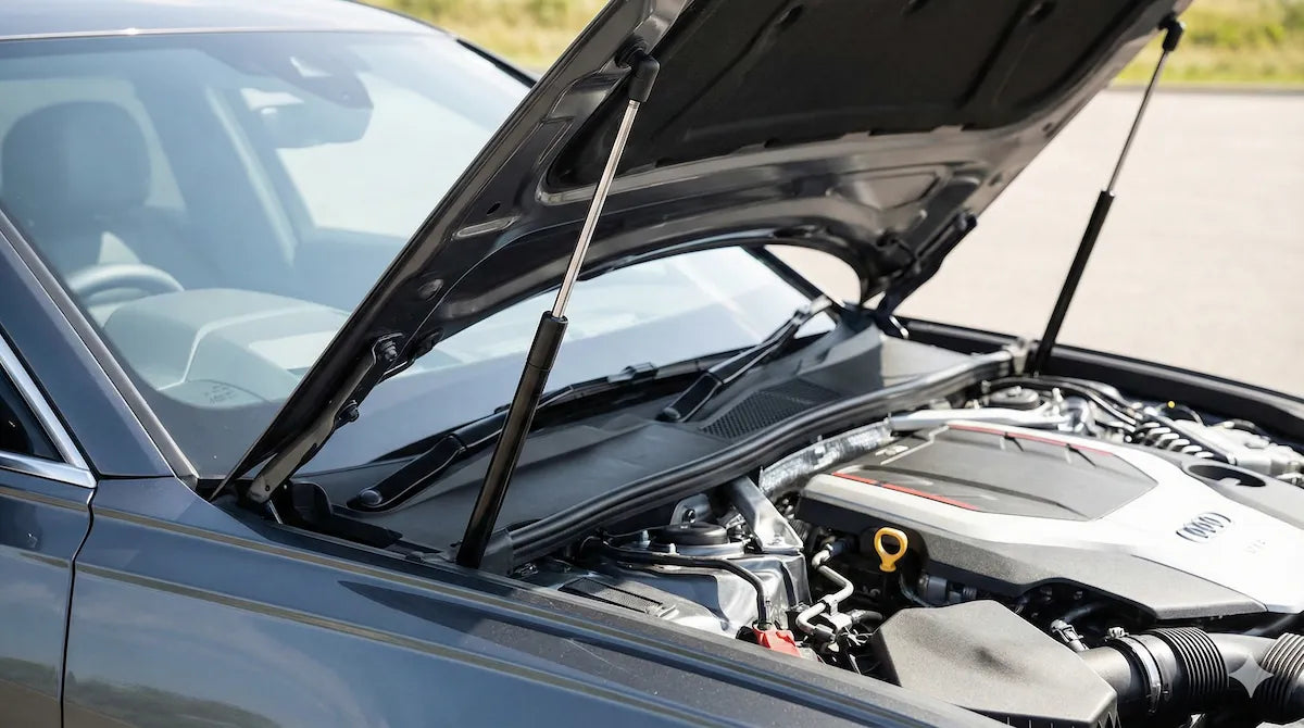 Car bonnet gas strut holding the engine hood open