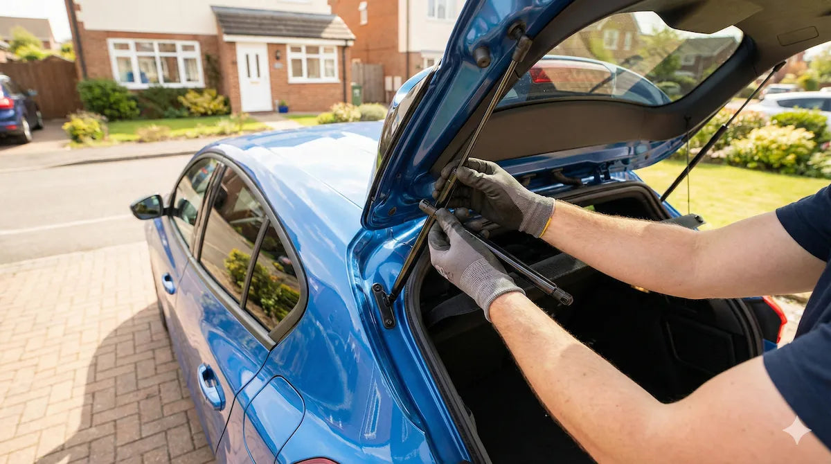 Replacing a car boot gas strut on an open tailgate during installation
