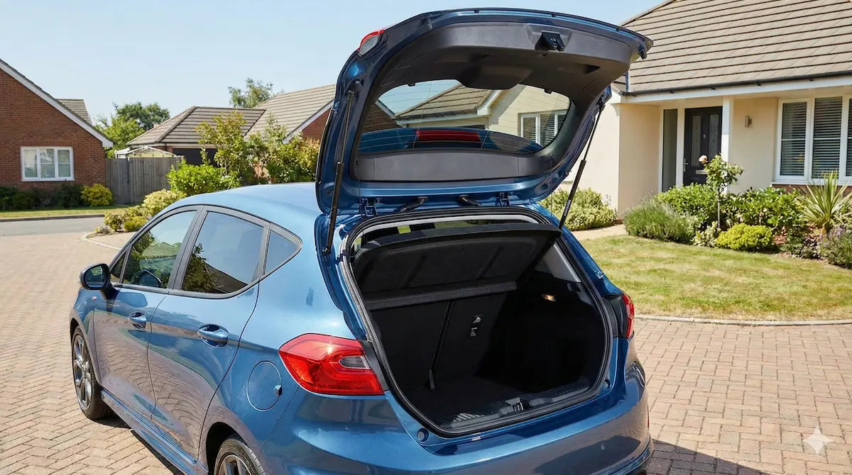 Open car boot tailgate supported by gas struts
