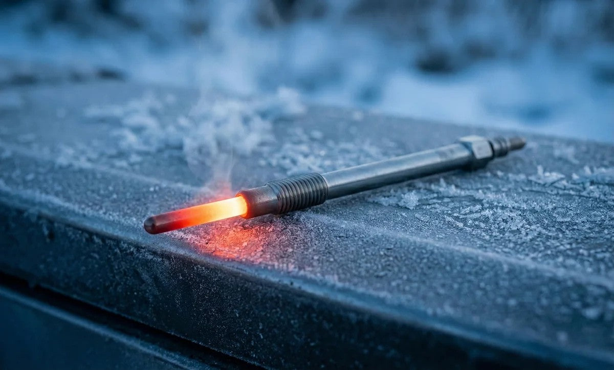 Close-up of a diesel pencil-type glow plug with a glowing red-hot tip on a frosty surface, illustrating reliable diesel engine cold starts in winter conditions.