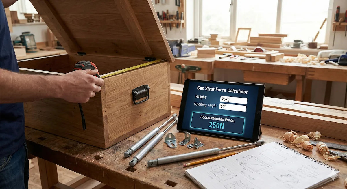 Using a gas strut force calculator in a workshop to determine the correct Newtons and mounting position for a heavy wooden chest lid.
