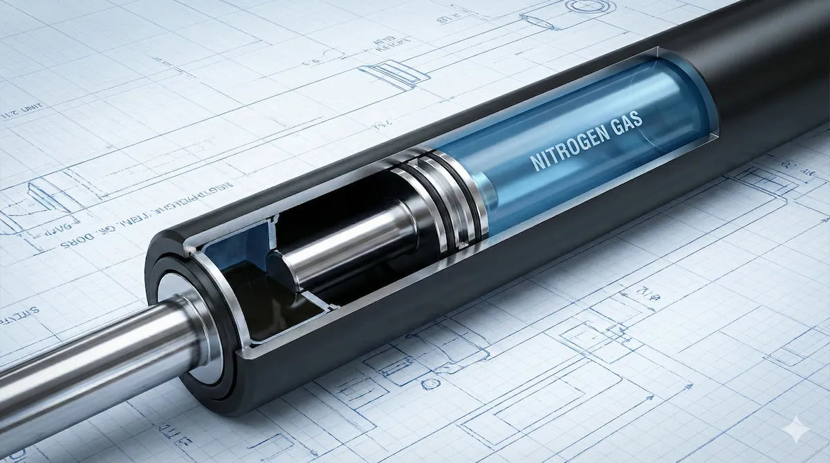 Internal structure of a gas strut showing nitrogen gas chamber and piston mechanism