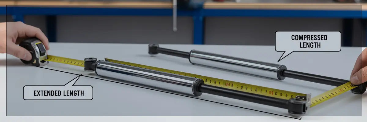 How to measure a gas strut correctly - professional guide showing tape measure on chrome gas spring with extended and compressed length measurement points