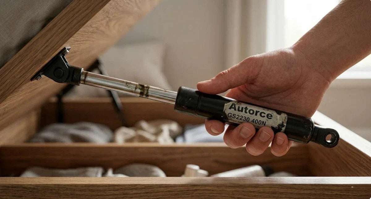 Worn Autorce gas strut being removed from an ottoman bed storage base