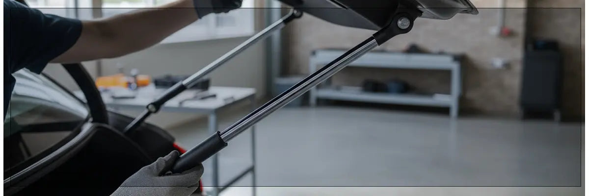 Tailgate gas struts supporting car boot lid - chrome gas springs providing smooth opening and closing mechanism on SUV tailgate