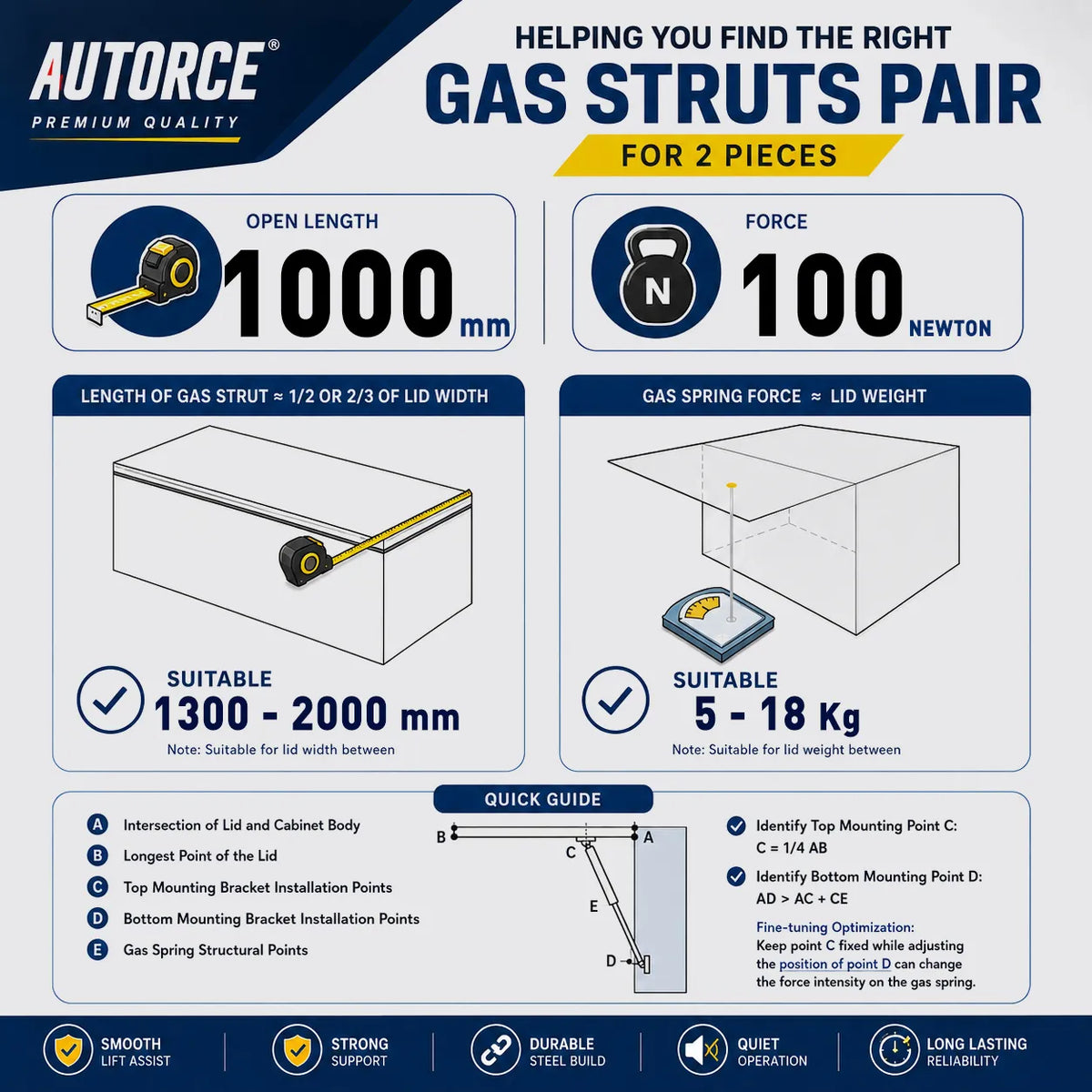 AUTORCE 100N Gas Strut with 1000mm Open Length and 450mm Stroke M8 Eyelet for Lift Support