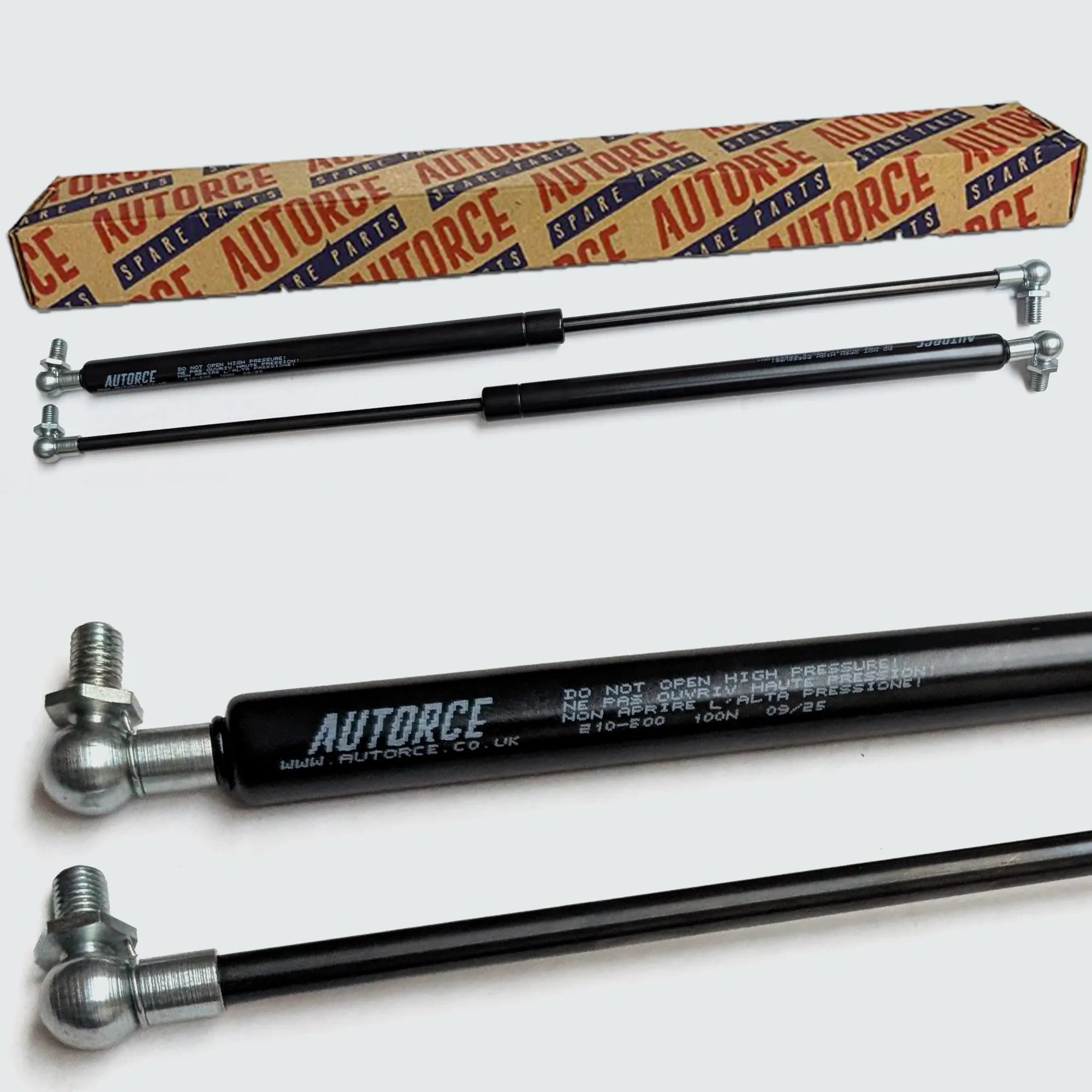 100N gas strut pair with M6 ball joint heads, 500mm open length and 210mm stroke, heavy duty lift support set of 2