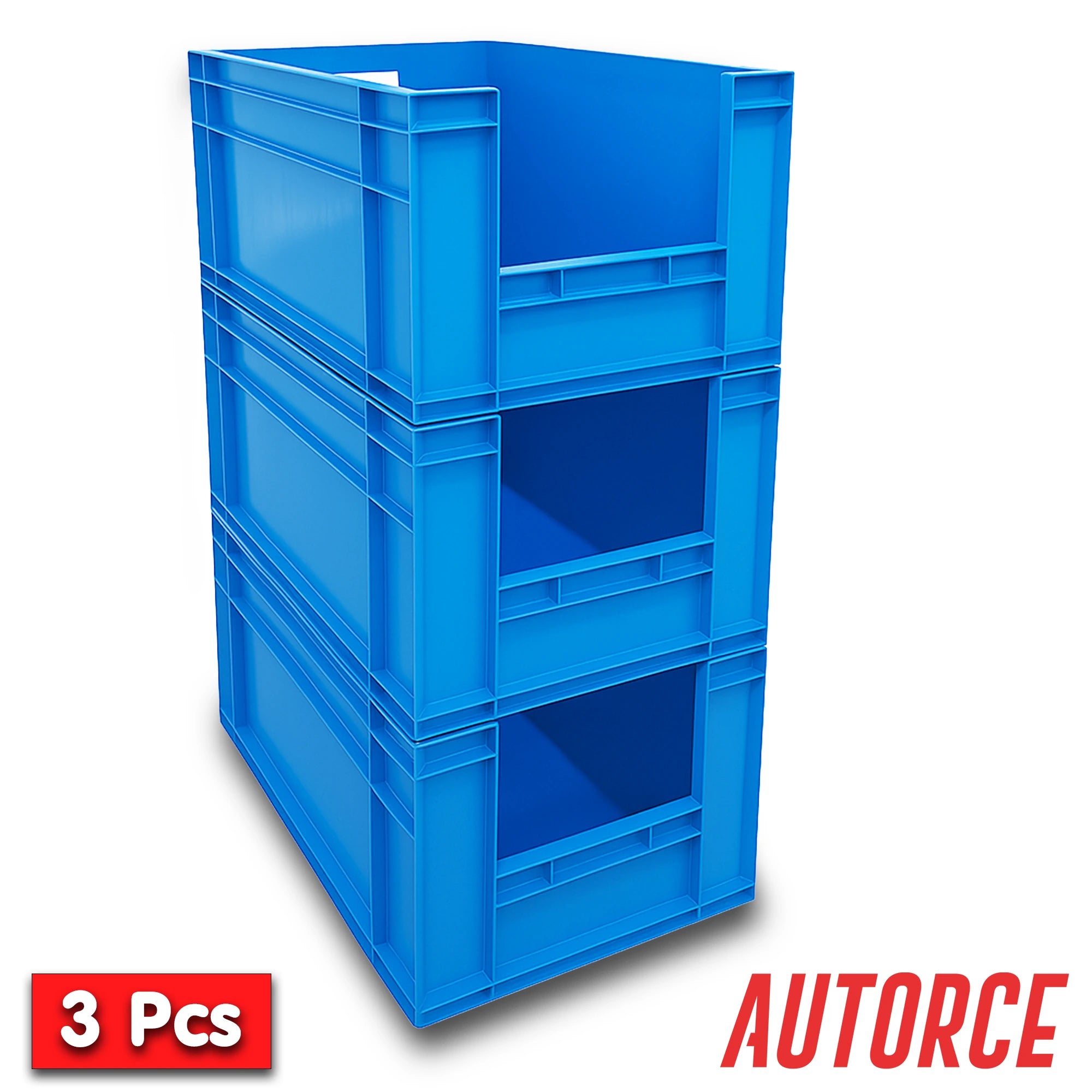 3x 66L Open Front Storage Euro Crate Box (400x600x340mm) Blue | AUTORCE