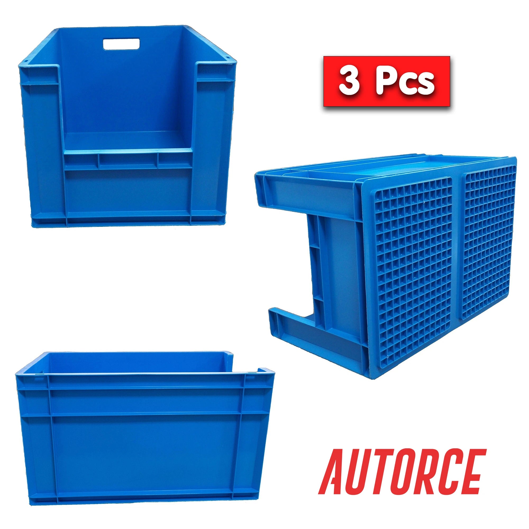 3x 66L Open Front Storage Euro Crate Box (400x600x340mm) Blue | AUTORCE