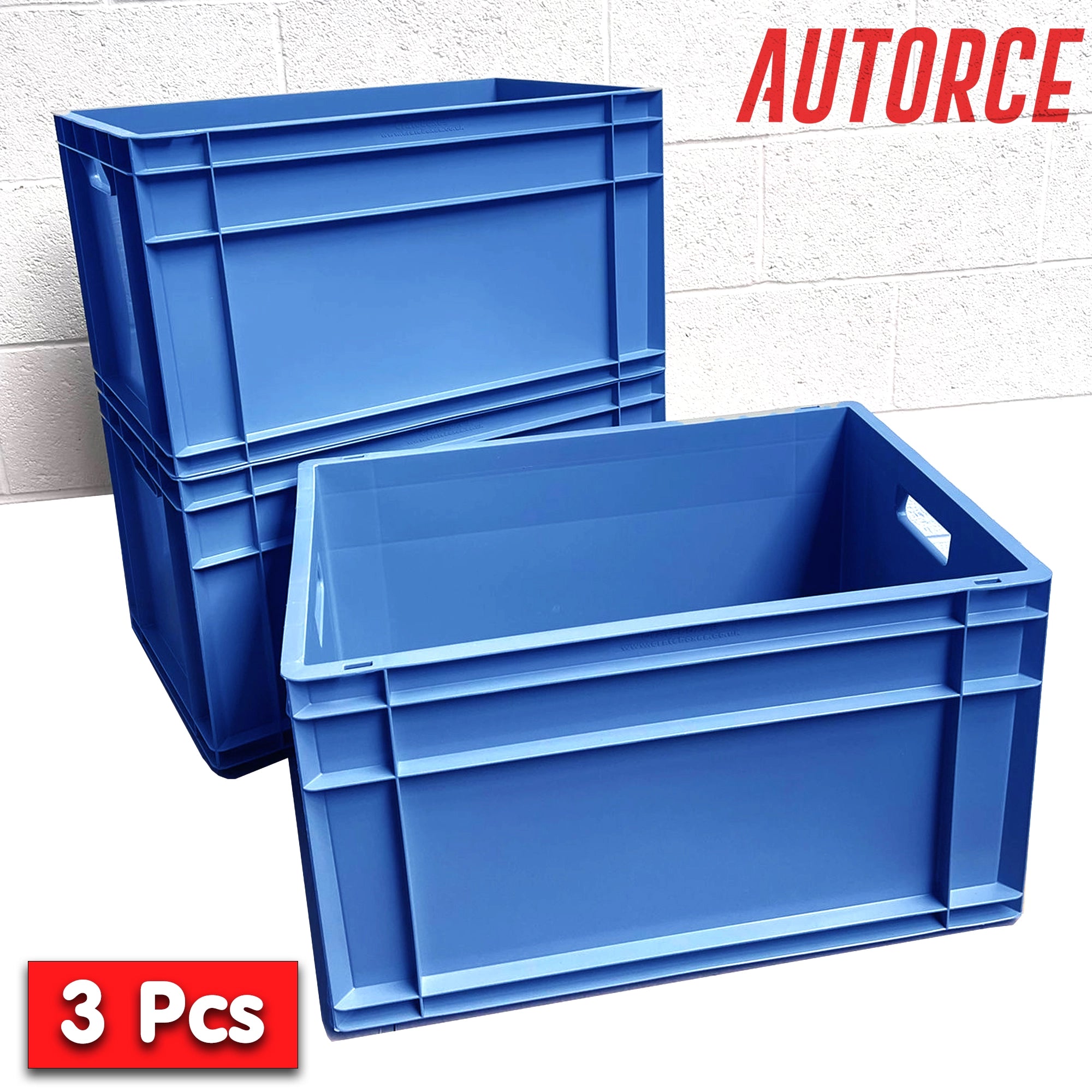 3x 66 Lt Industrial Plastic Storage Euro Crate Box (400x600x340mm) Blue | AUTORCE