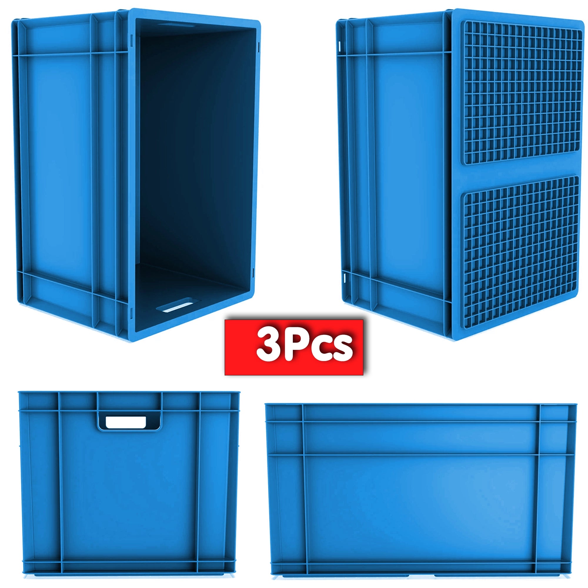 3x 66 Lt Industrial Plastic Storage Euro Crate Box (400x600x340mm) Blue | AUTORCE