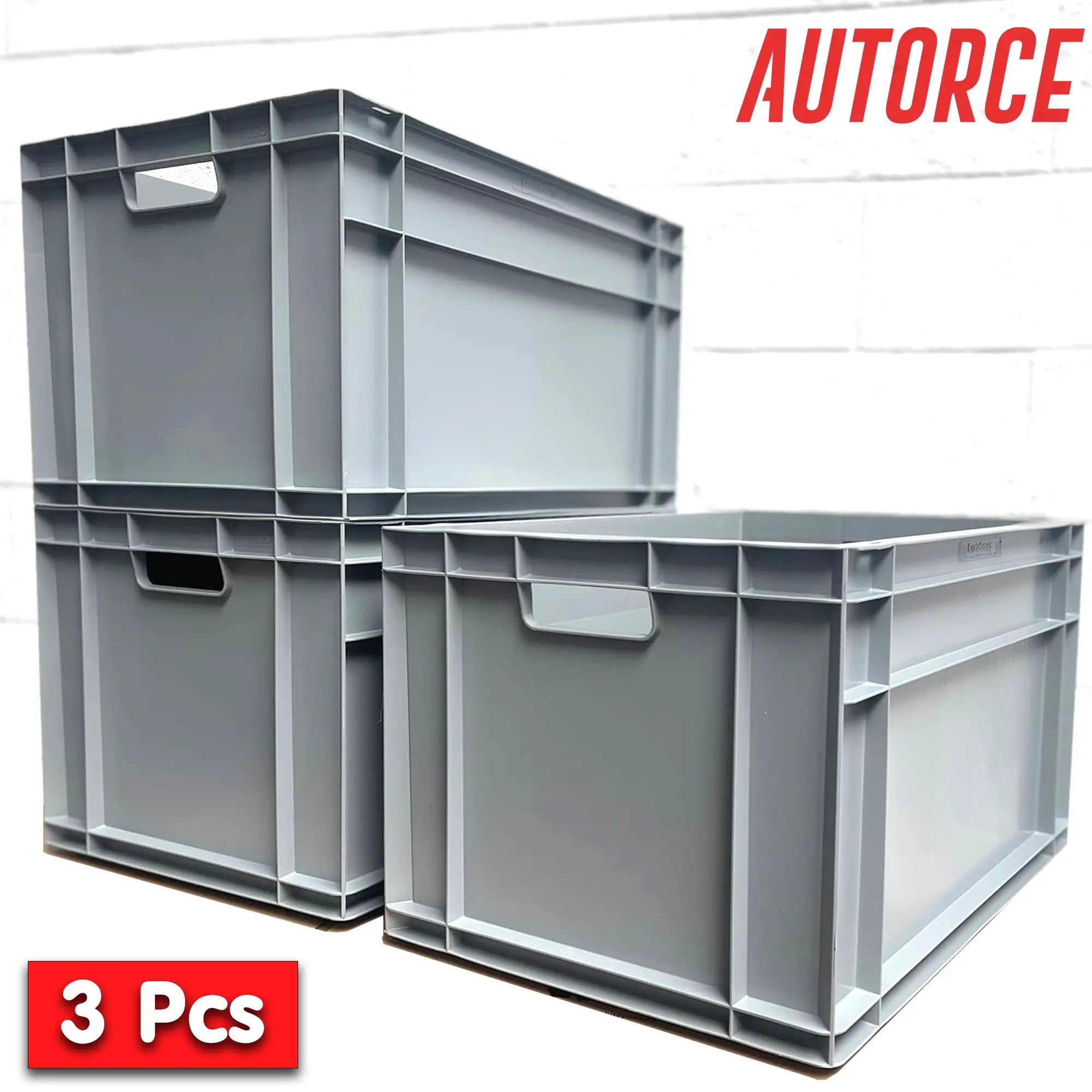 3x 66 Lt Industrial Plastic Storage Euro Crate Box (400x600x340mm) Grey | AUTORCE
