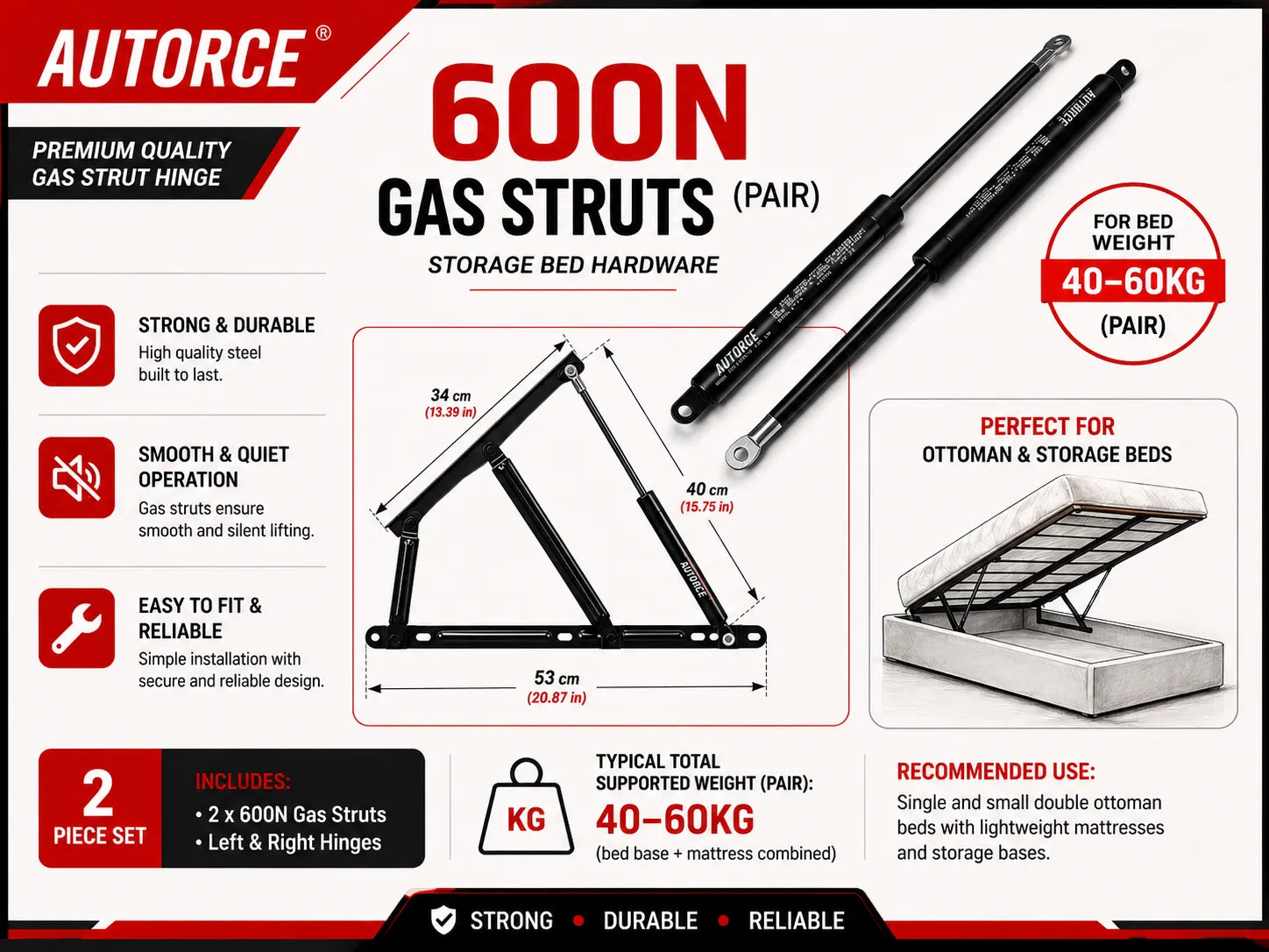 600N Matched Pair Gas Struts. Ideal for 40–60kg Bed Base & Mattress Weight. Smooth Lift • Strong Support • Reliable Performance