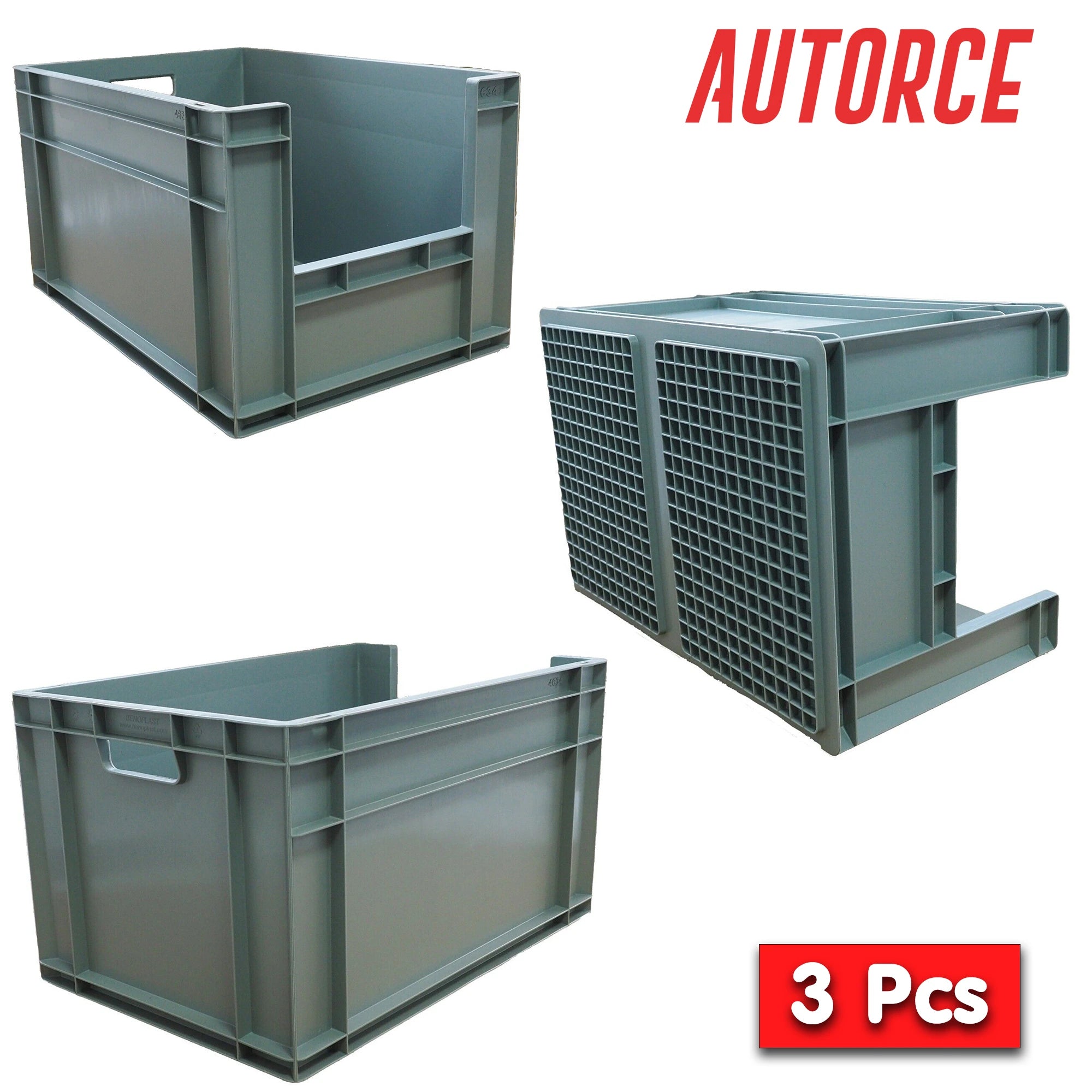 3x 66L Open Front Storage Euro Crate Boxes (400x600x340mm) Grey | AUTORCE
