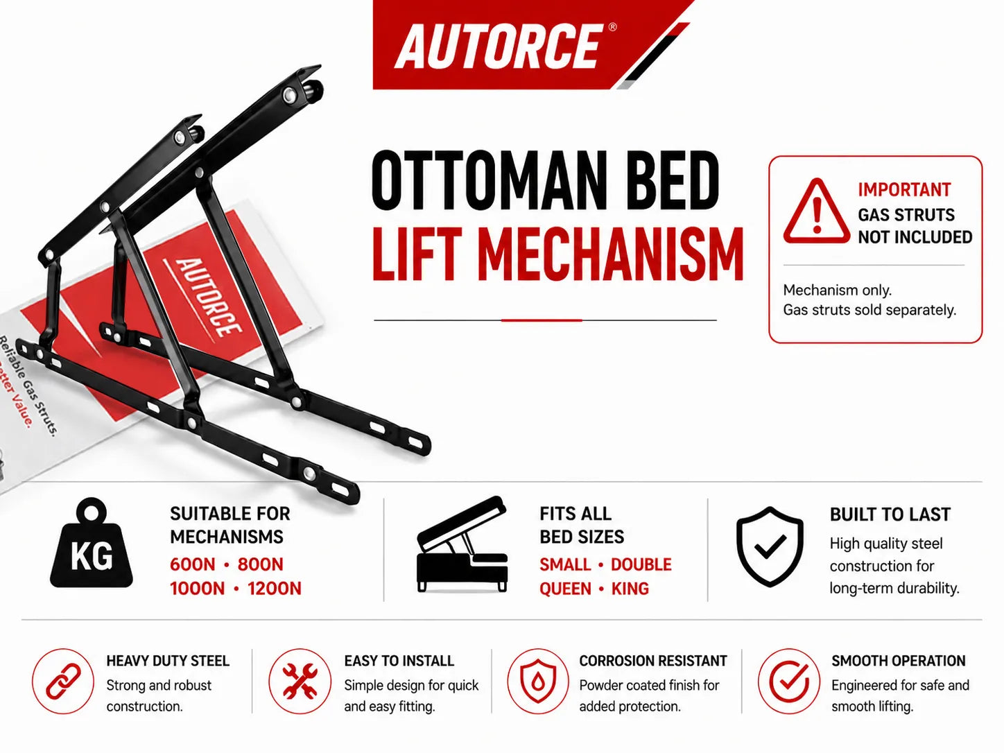 Ottoman Bed Lift Mechanism for King & Extra Large Ottoman Beds – Heavy Duty Steel Frame Compatible with 600N, 800N, 1000N and 1200N Gas Struts
