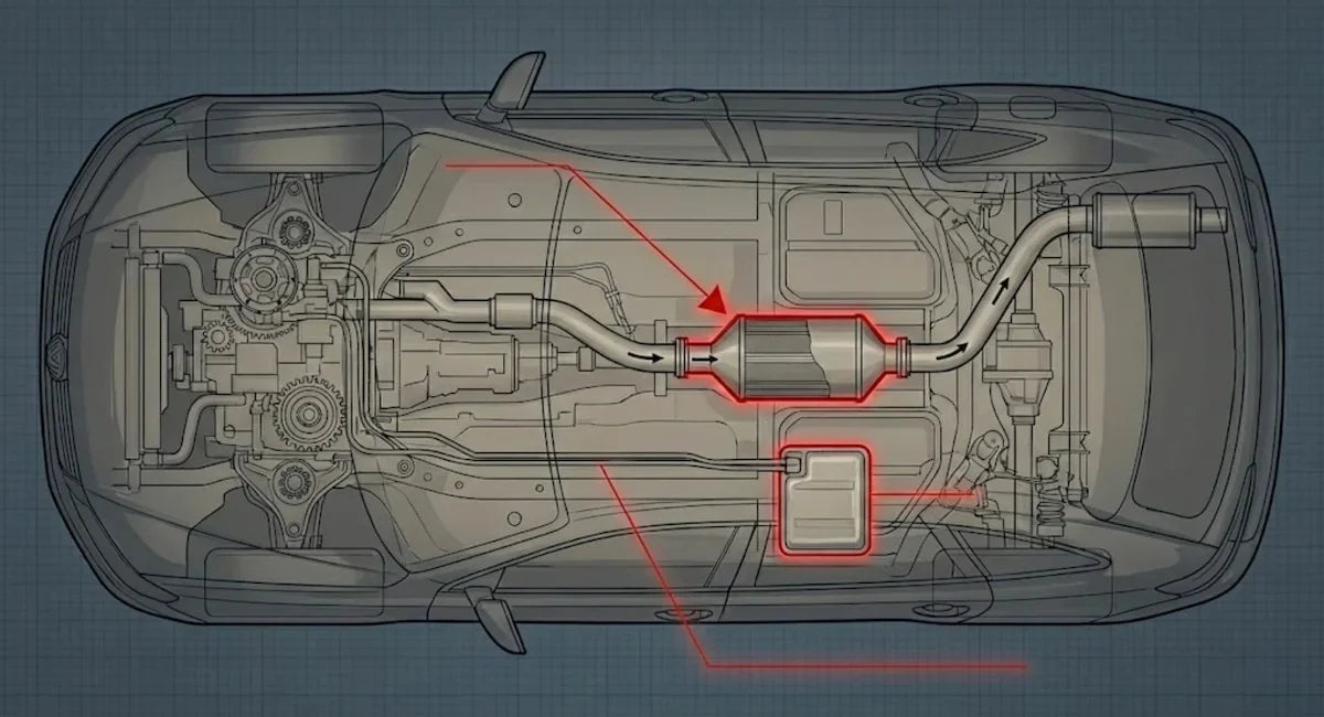 Technical diagram showing diesel particulate filter and particulate additive pouch system