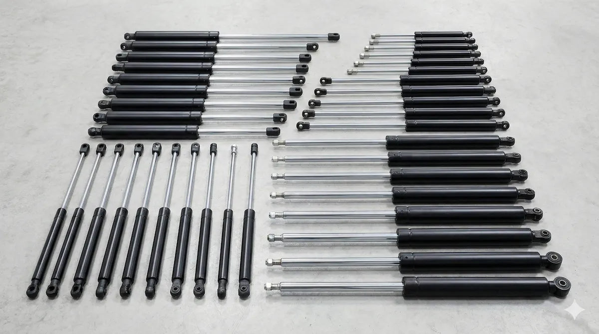 Assorted gas struts in various sizes and lengths arranged on a workshop floor