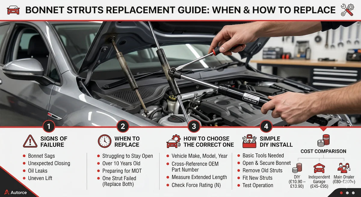 A comprehensive infographic guide for bonnet struts replacement by Autorce, featuring signs of failure, when to replace, how to choose the correct part, and DIY installation steps with a cost comparison table.