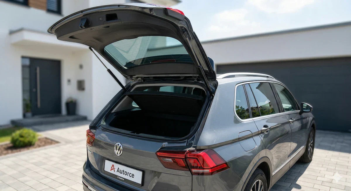 A dark grey modern SUV with its boot fully open, clearly showing healthy car boot gas struts supporting the tailgate.