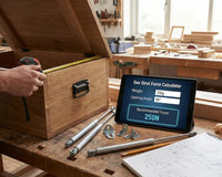 Using a gas strut force calculator in a workshop to determine the correct Newtons and mounting position for a heavy wooden chest lid.