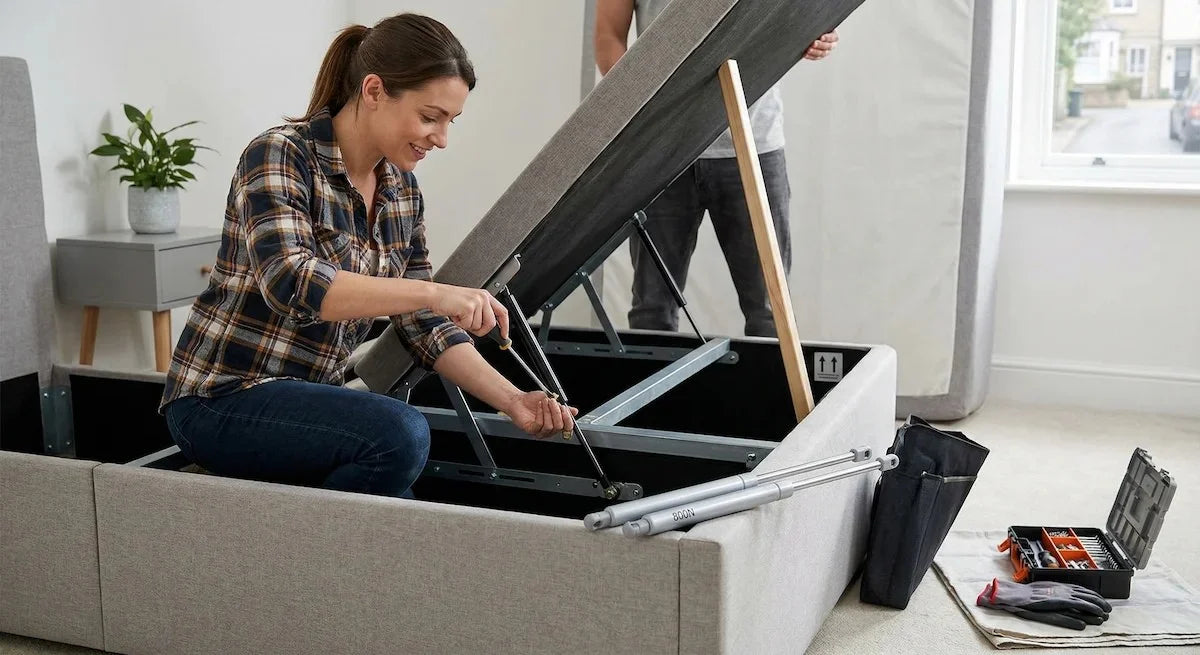 Fitting a replacement gas strut onto an ottoman bed frame