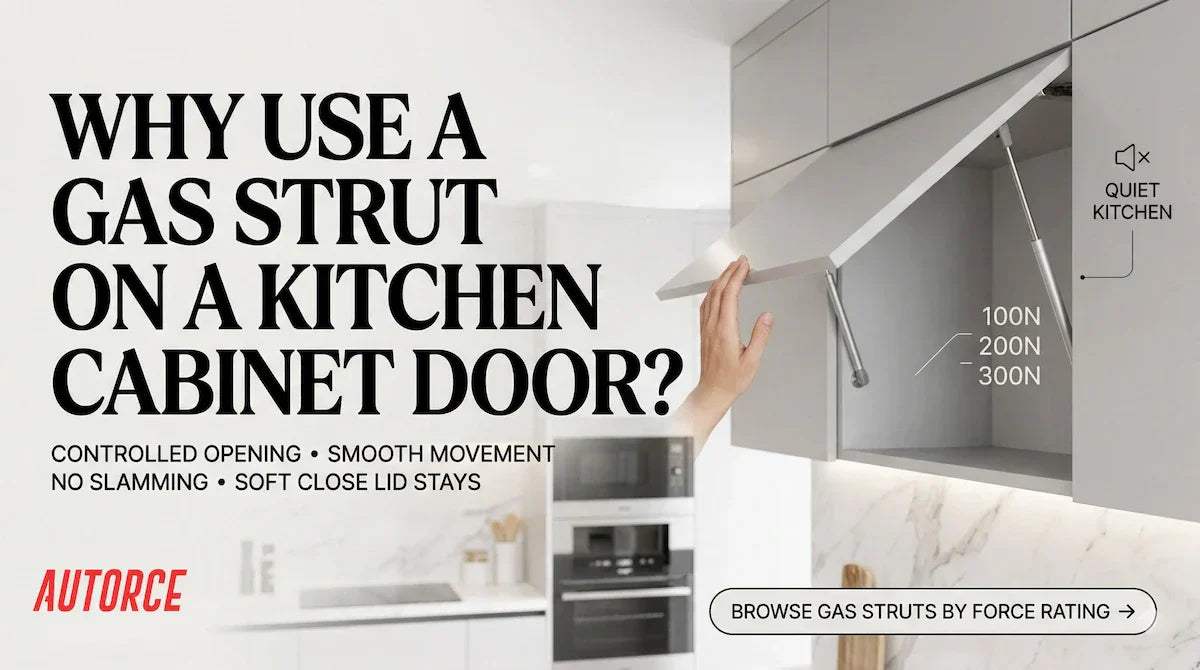 Overhead kitchen cabinet door held open by a gas strut — wall cabinet gas struts guide by Autorce