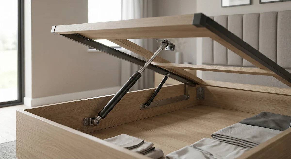 Two gas struts extended inside an open ottoman bed storage compartment, showing bracket mounting positions