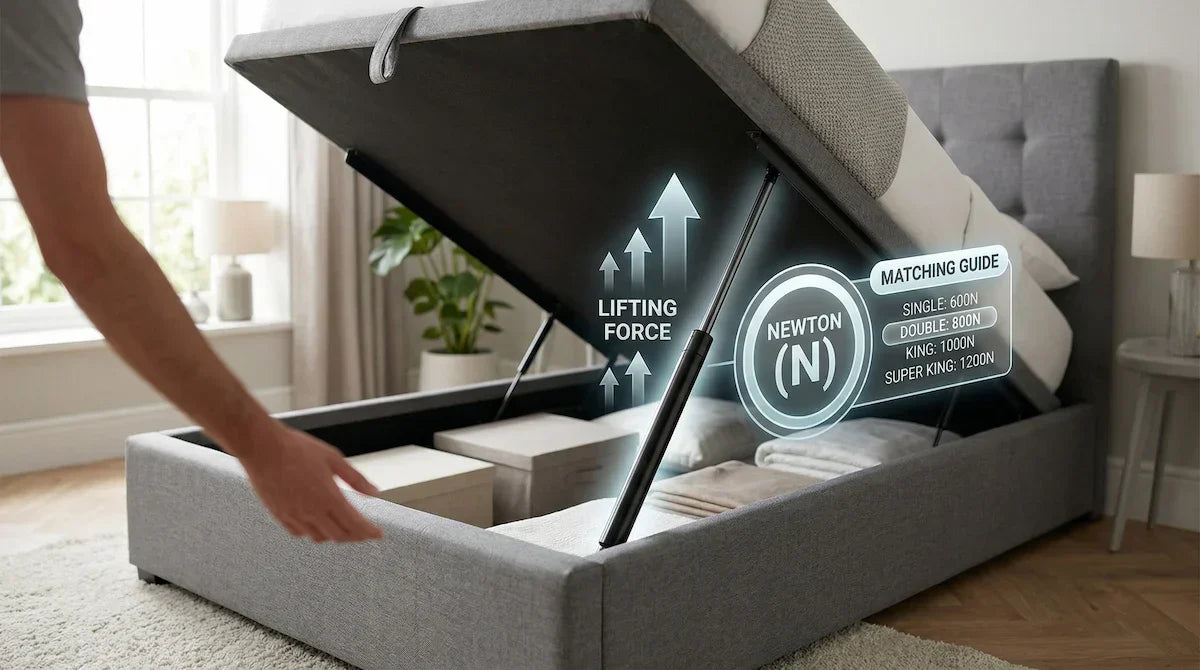 A modern gray ottoman bed with open storage showing gas lift struts and a Newton force matching guide for different bed sizes.