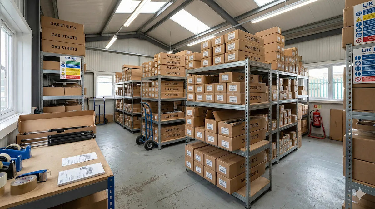 UK gas struts warehouse with organised shelving and trade stock