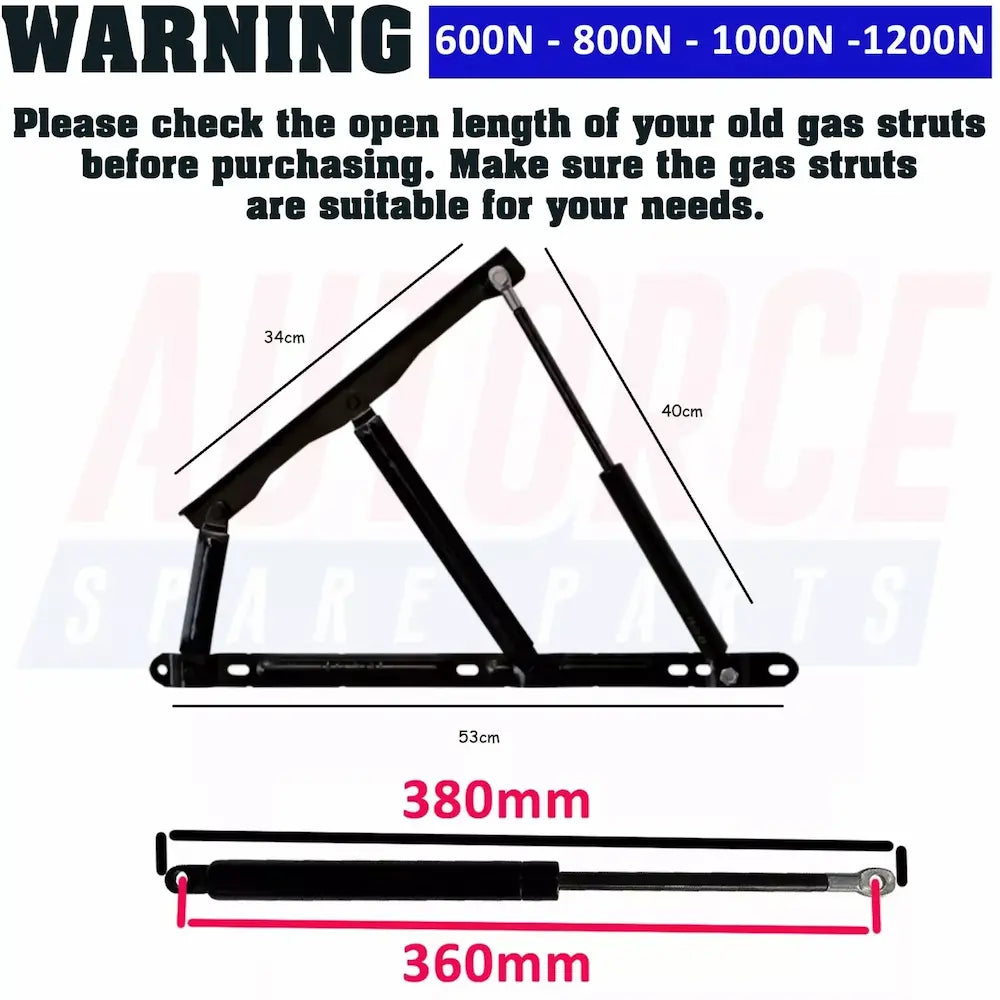 2X Ottoman Bed Lift Up Mechanism and Gas Spring Strut 600N, 800N, 1000N, 1200N