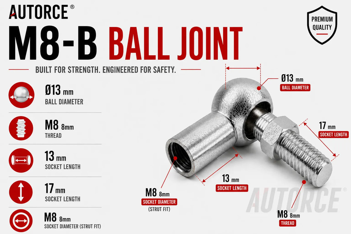 AUTORCE 1000N Heavy Duty Gas Strut Pair with M8-B Ball Joint Heads and 200mm Open Length 50mm Stroke