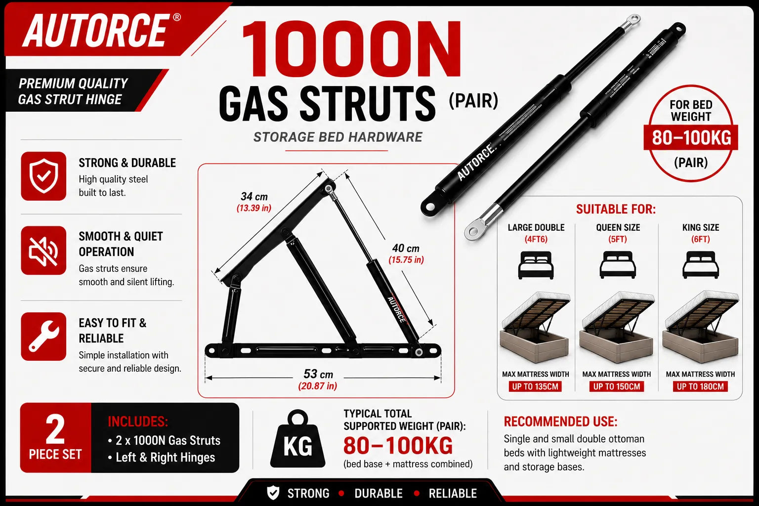 Gas Strut Compatible Ottoman Bed Lift Mechanism for King and Extra Large Beds – Struts Sold Separately