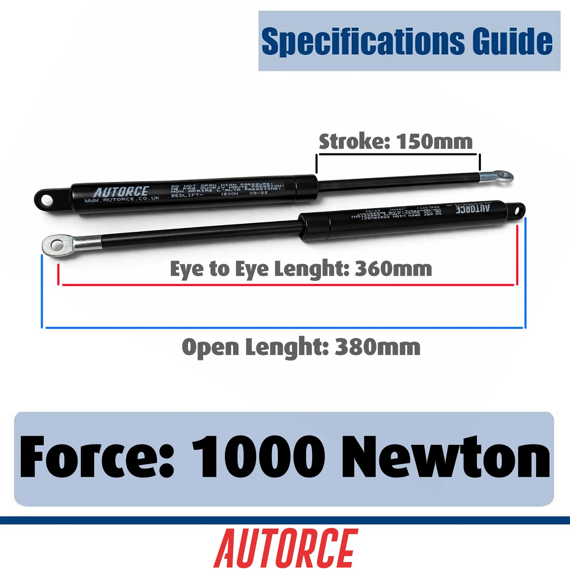 Technical specifications of 1000N gas strut - 380mm extended length with M8 eyelet fittings