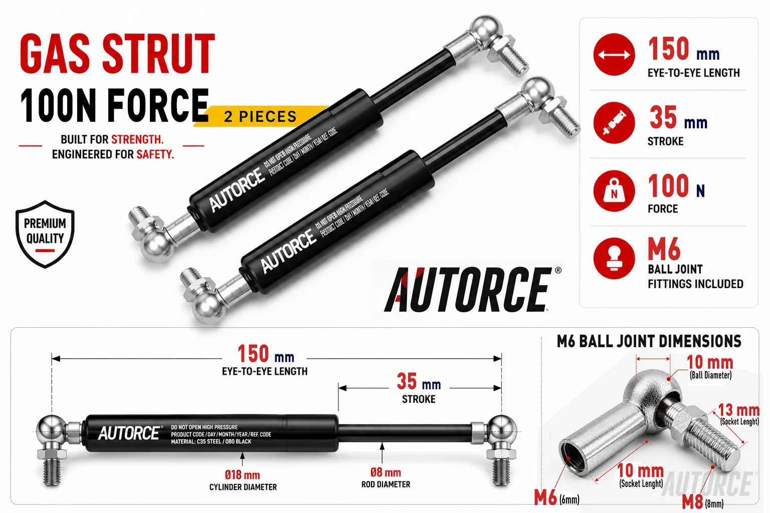 100N gas strut with 150mm open length and 35mm stroke