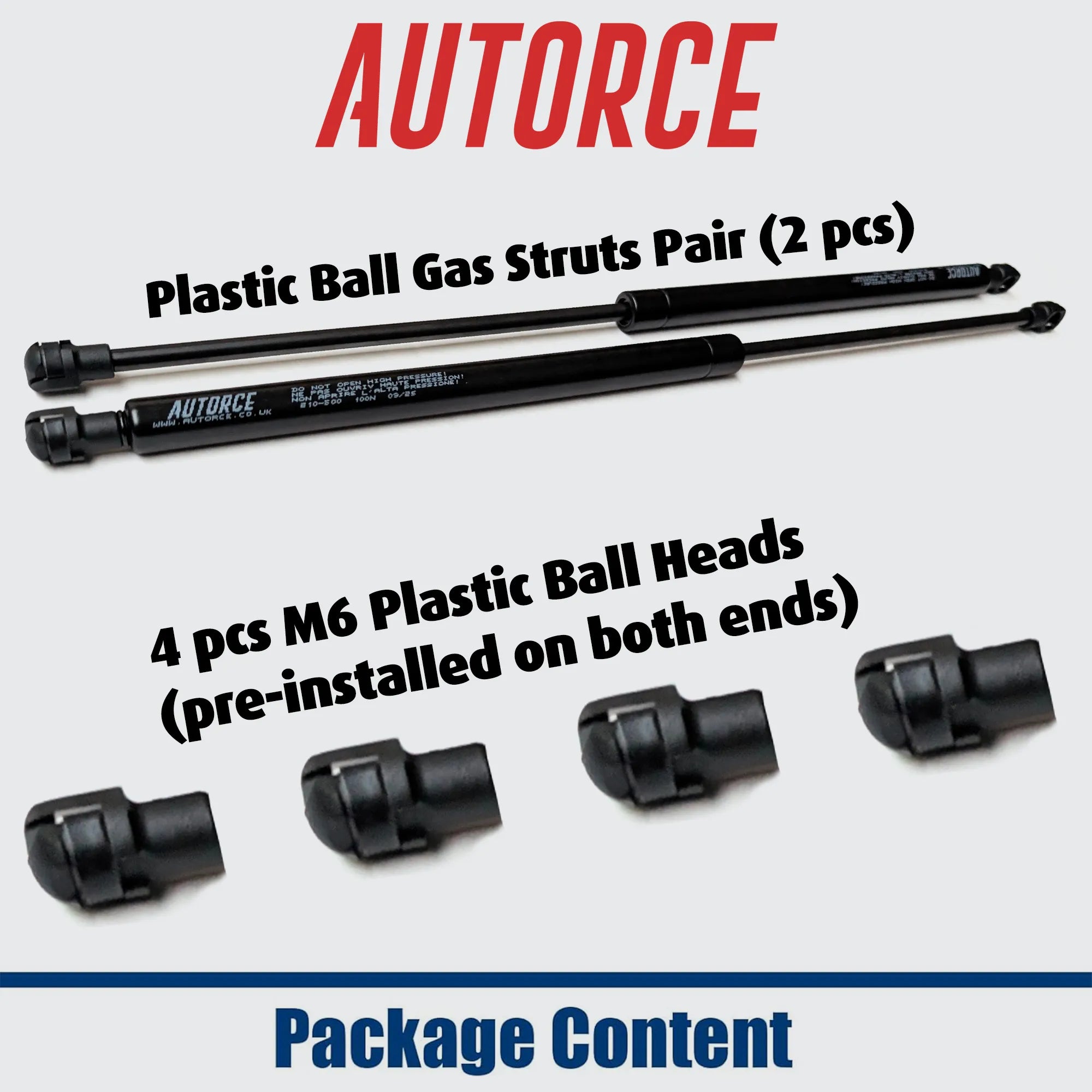 AUTORCE 100N gas strut pair, 500mm open length with M6 plastic ball fittings, reliable lift solution for beds, boats and vehicles