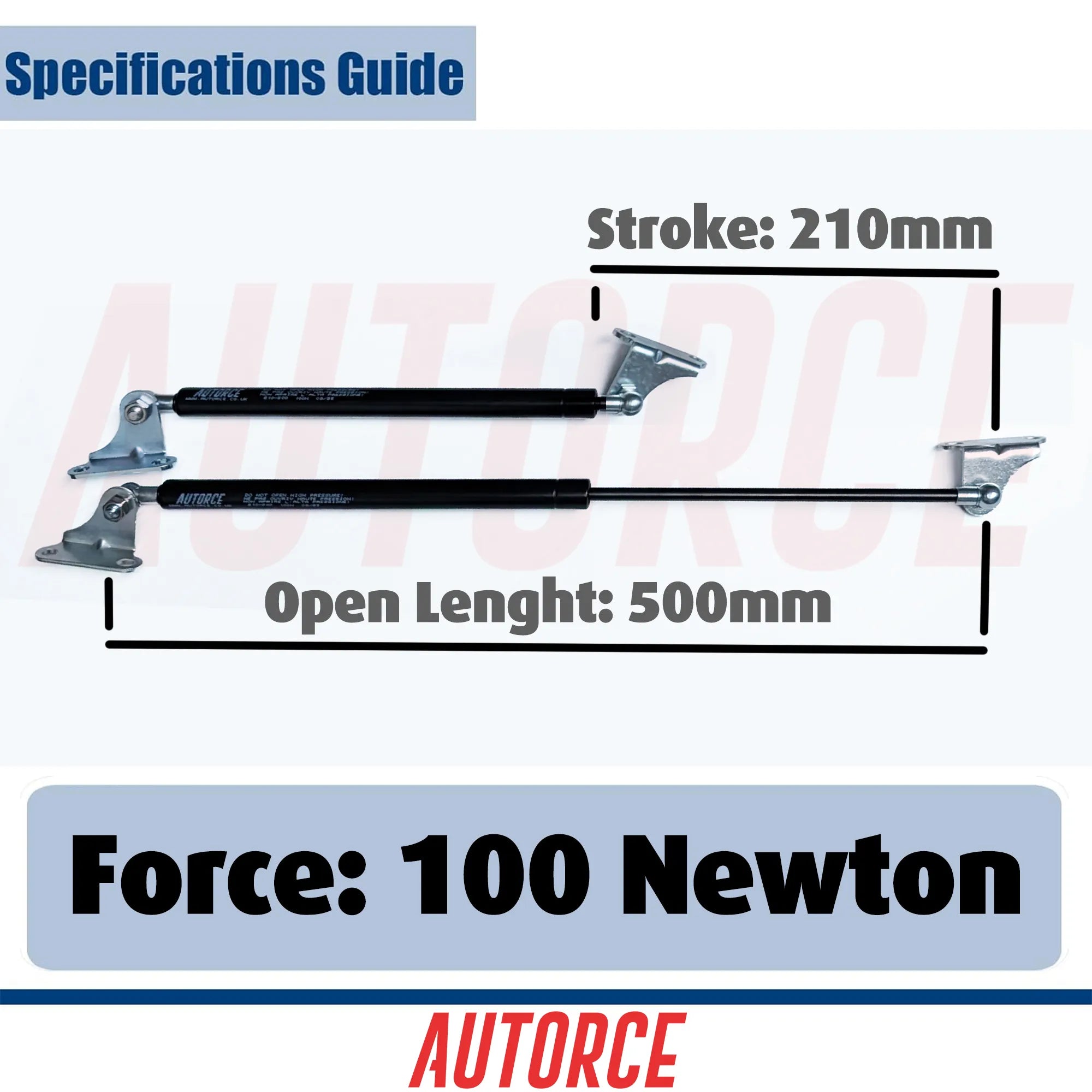 100N Gas Strut Pair With 4x Brackets – M6 Ball Joint Heads | 500mm Open Length | 210mm Stroke | Heavy Duty Lift Support (Set of 2) | AUTORCE