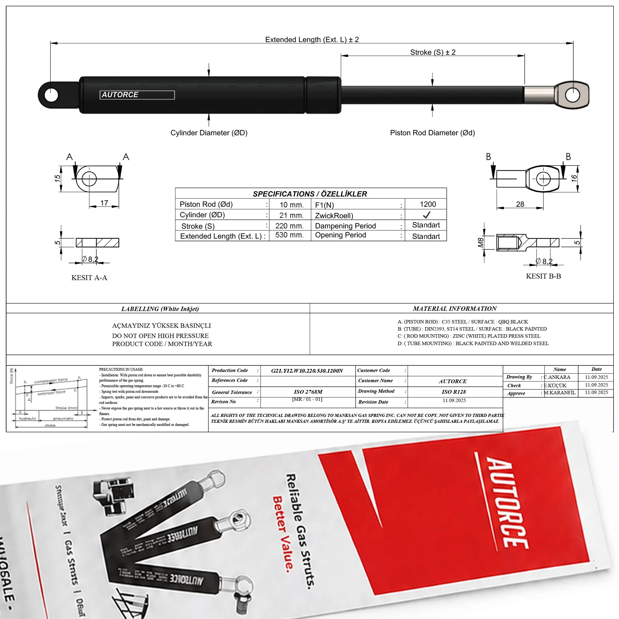 1200N Bed Lift Gas Struts | 540mm Open Length Pair