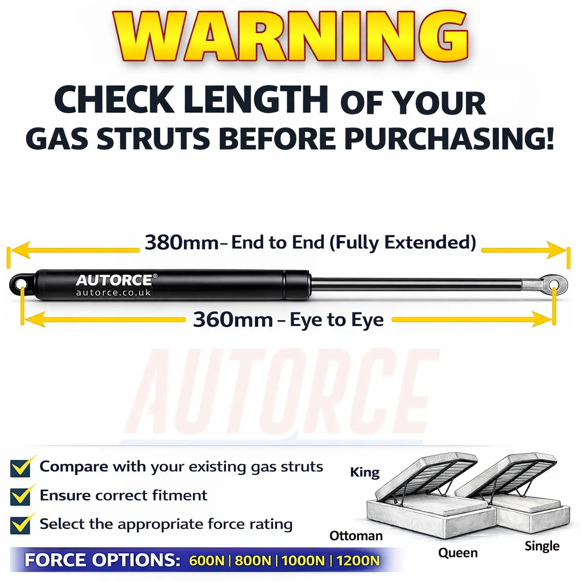 1200N gas strut pair for thick heavy mattress support - strong stable ottoman bed operation