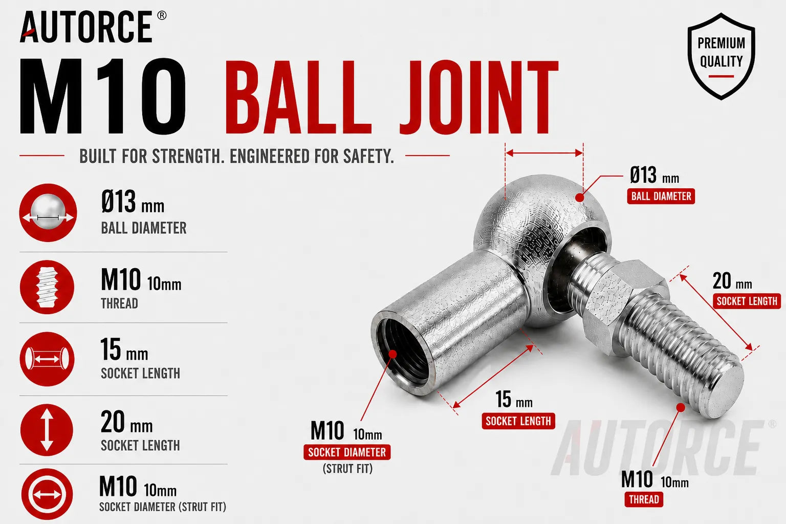 AUTORCE 1500N Heavy Duty Gas Strut Pair with M10 Ball Joint Heads and 700mm Open Length 295mm Stroke