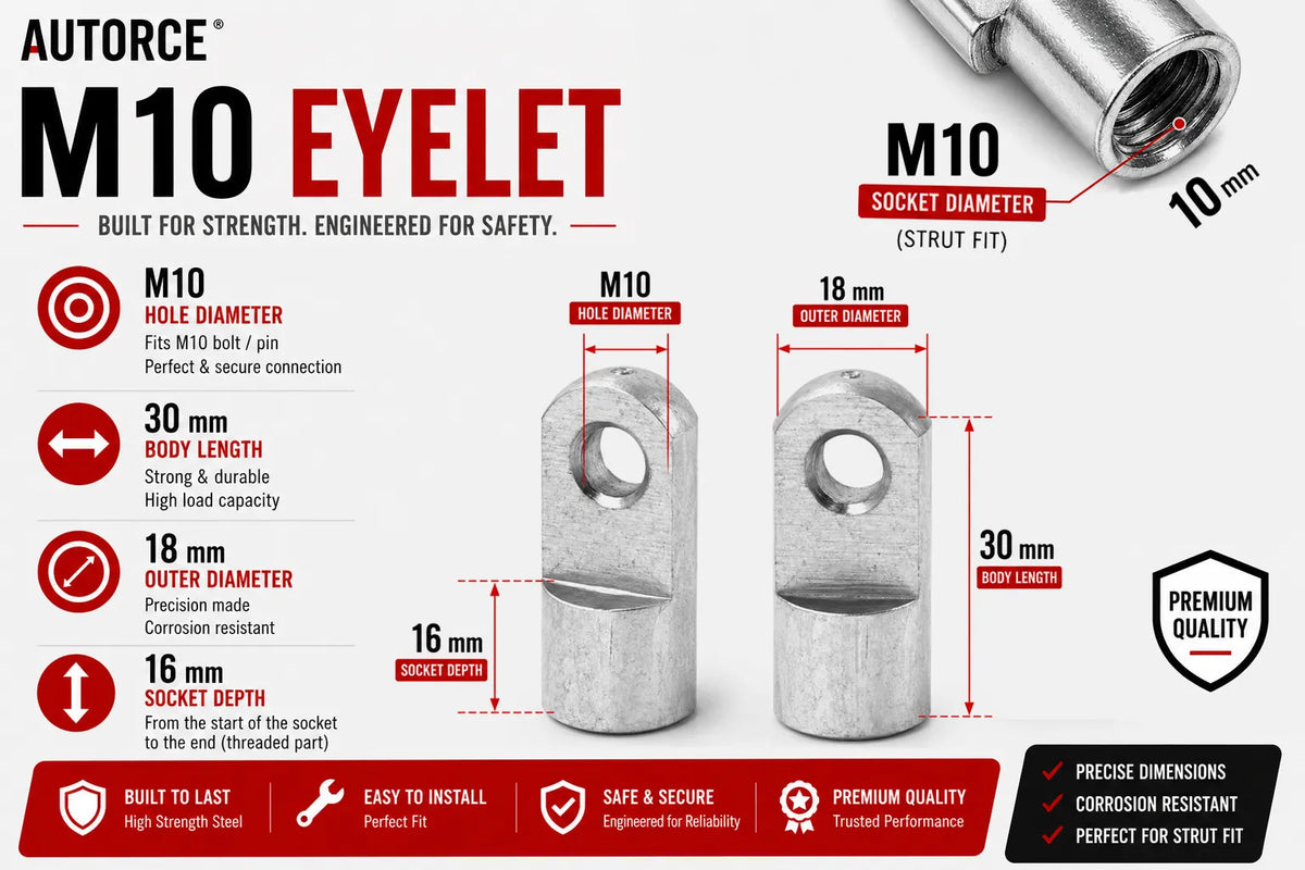 AUTORCE 1500N Heavy Duty Gas Strut Pair with M10 Eyelet Heads and 900mm Open Length 395mm Stroke
