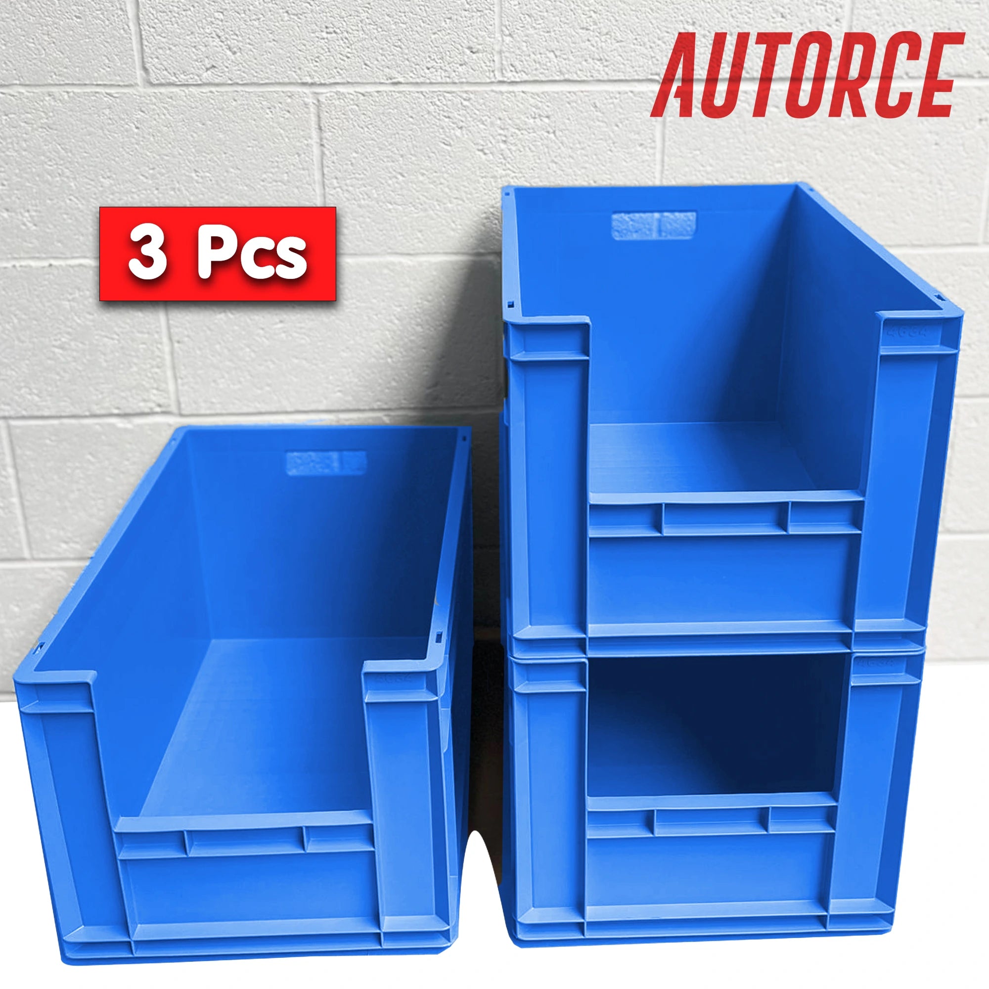 3x 66L Open Front Storage Euro Crate Box (400x600x340mm) Blue | AUTORCE