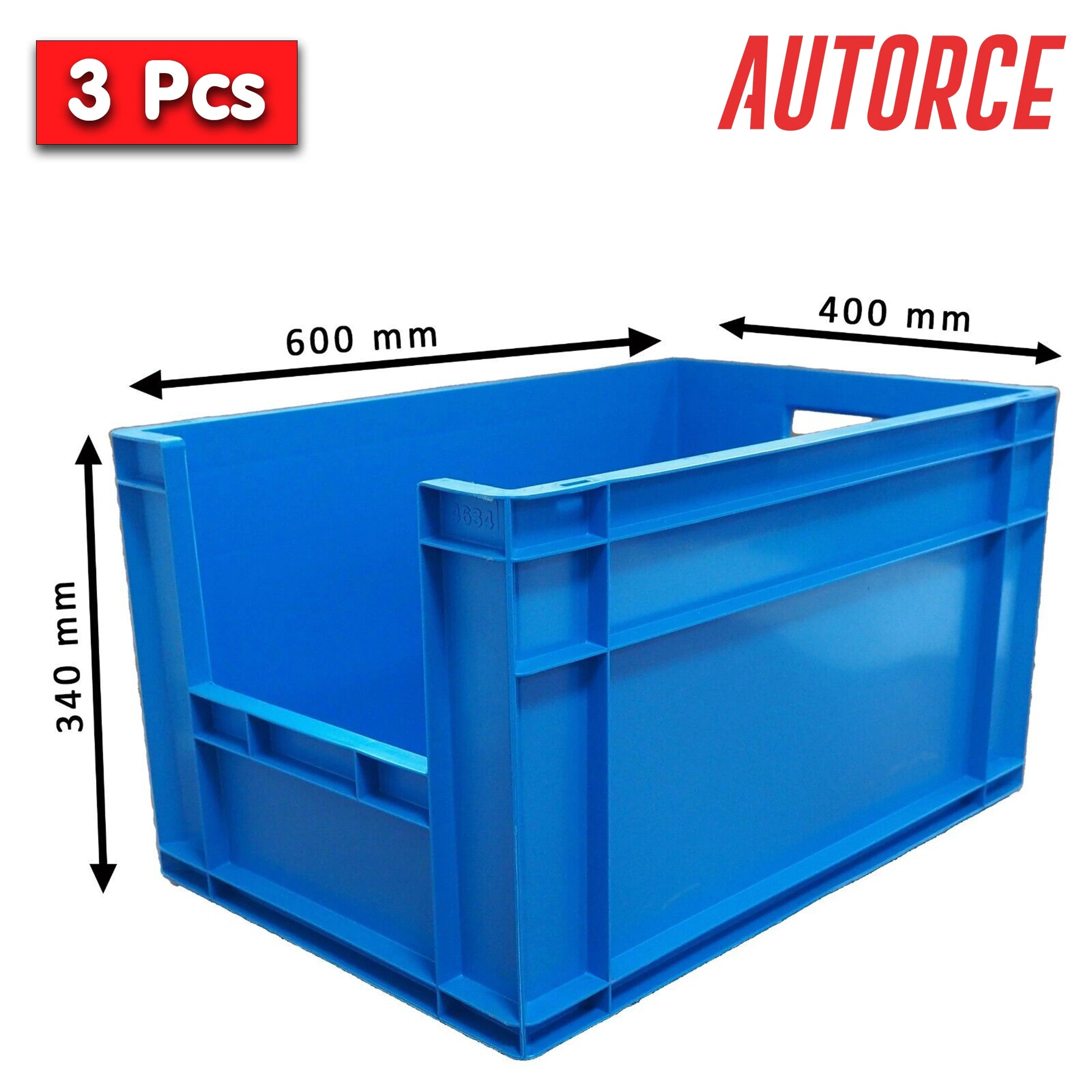 3x 66L Open Front Storage Euro Crate Box (400x600x340mm) Blue | AUTORCE