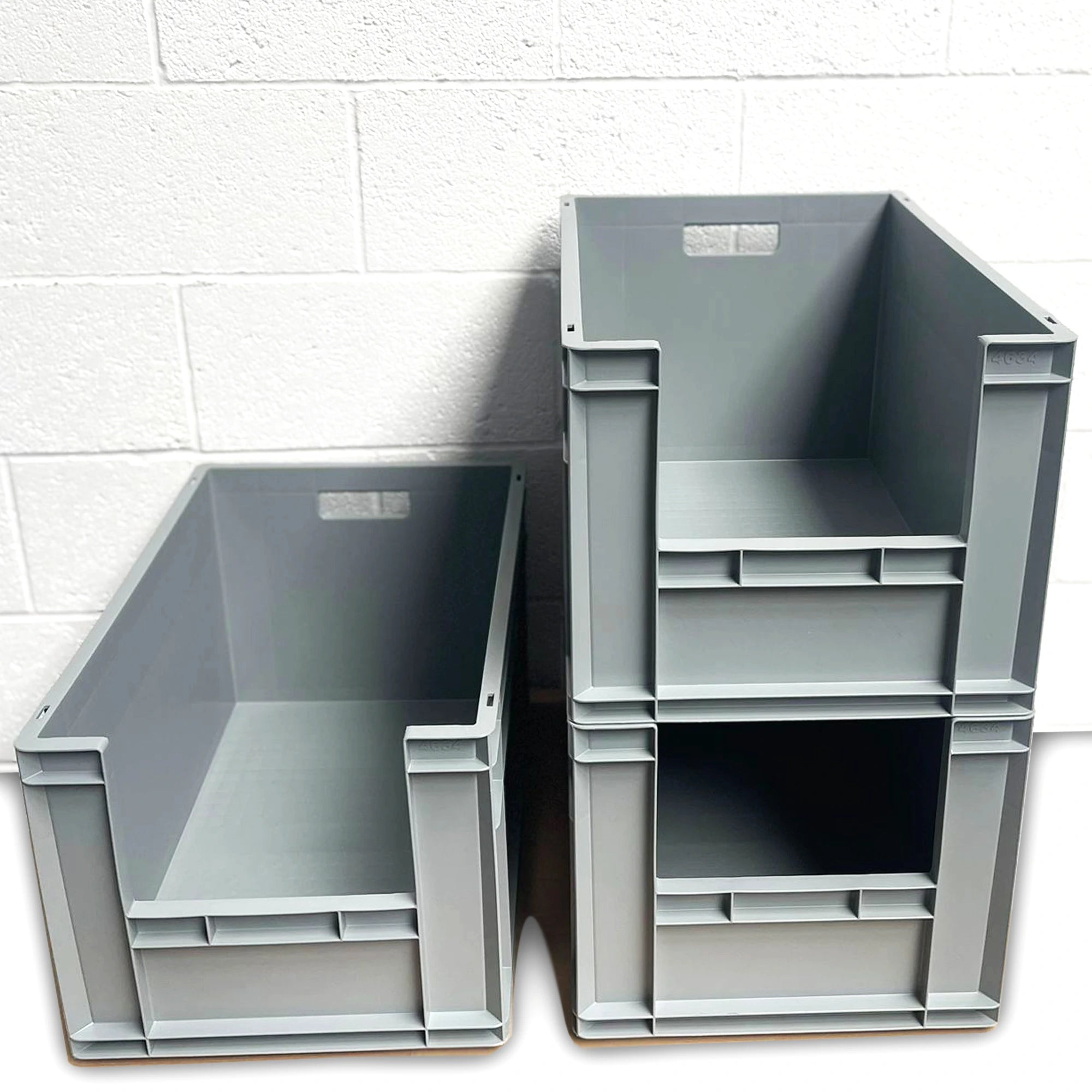 3x 66L Open Front Storage Euro Crate Boxes (400x600x340mm) Grey | AUTORCE