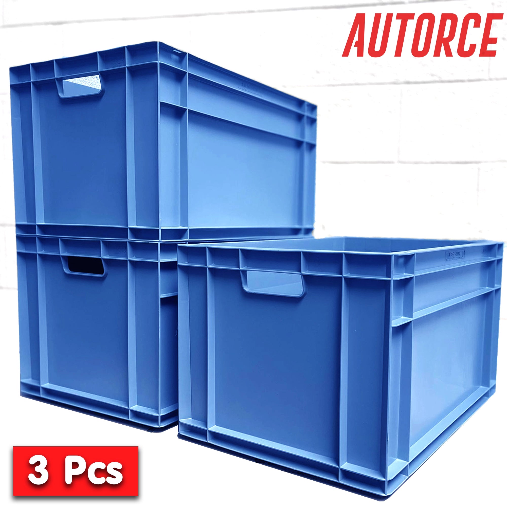 3x 66 Lt Industrial Plastic Storage Euro Crate Box (400x600x340mm) Blue | AUTORCE