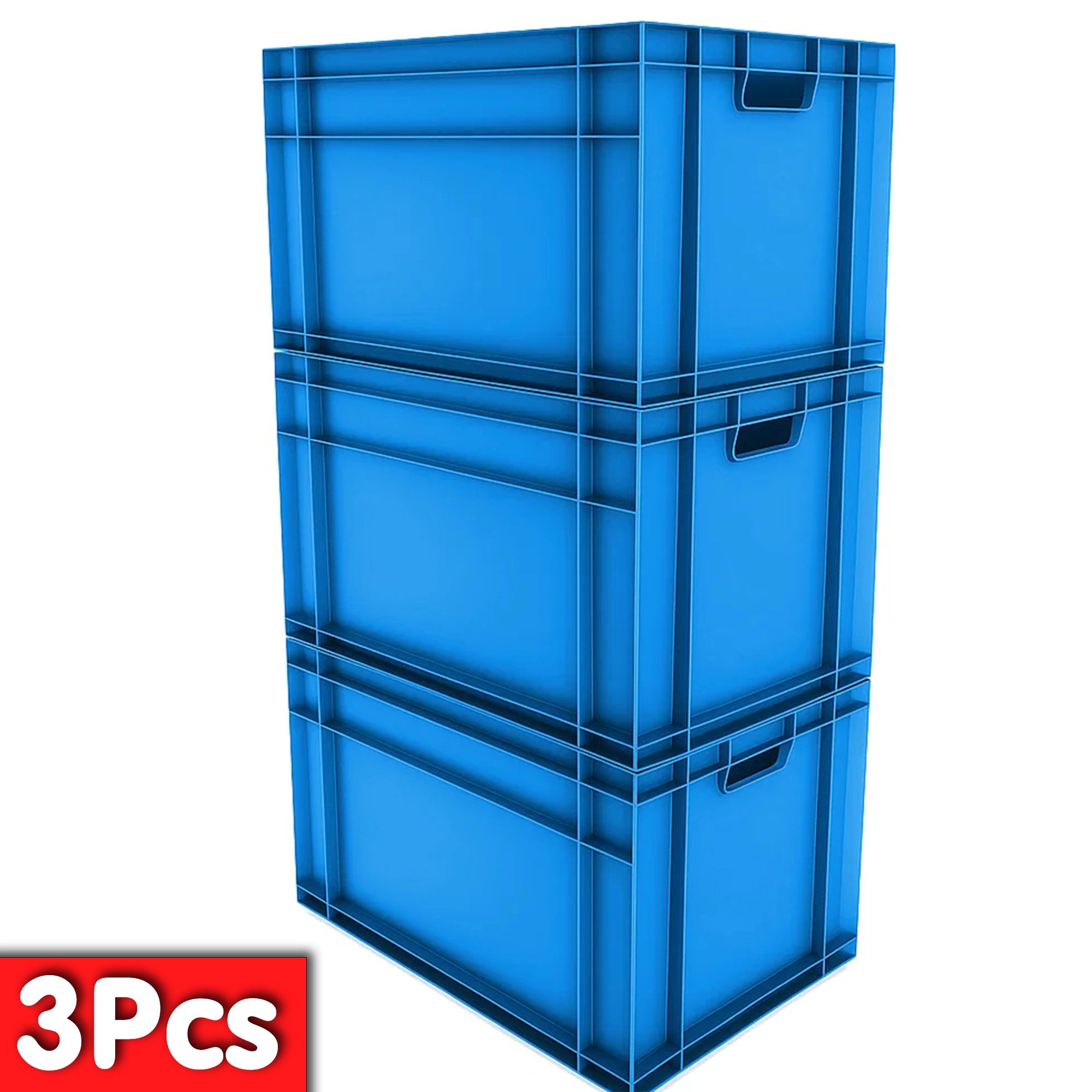 3x 66 Lt Industrial Plastic Storage Euro Crate Box (400x600x340mm) Blue | AUTORCE