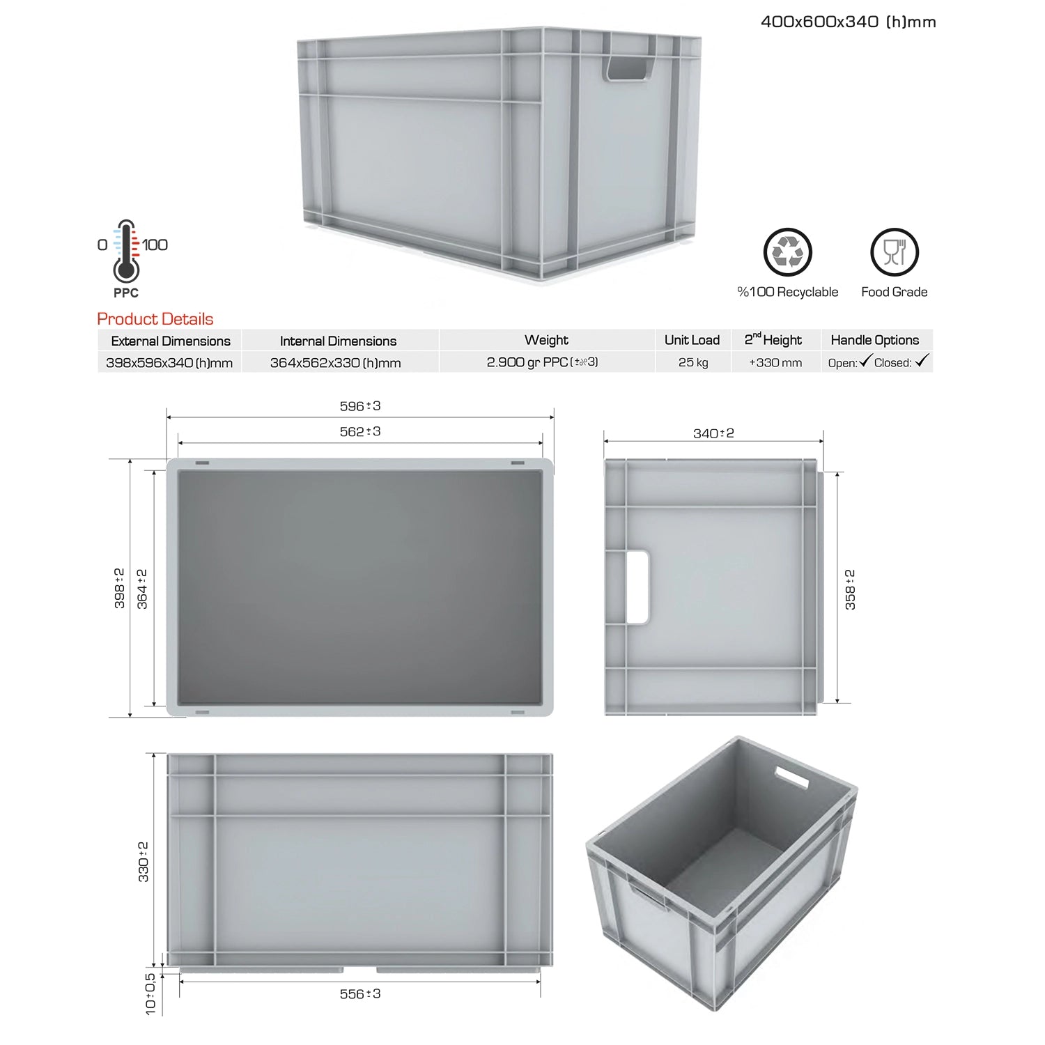 3x 66 Lt Industrial Plastic Storage Euro Crate Box (400x600x340mm) Blue | AUTORCE