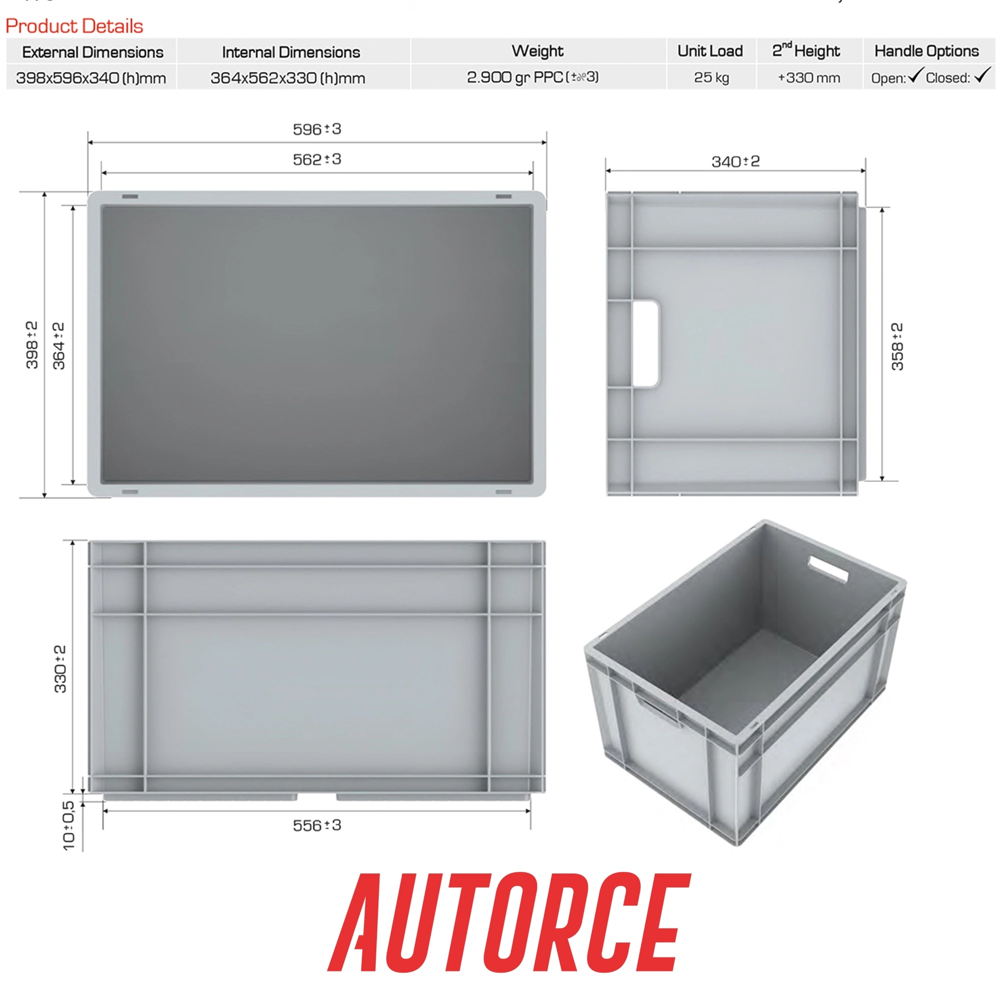 3x 66 Lt Industrial Plastic Storage Euro Crate Box (400x600x340mm) Grey | AUTORCE