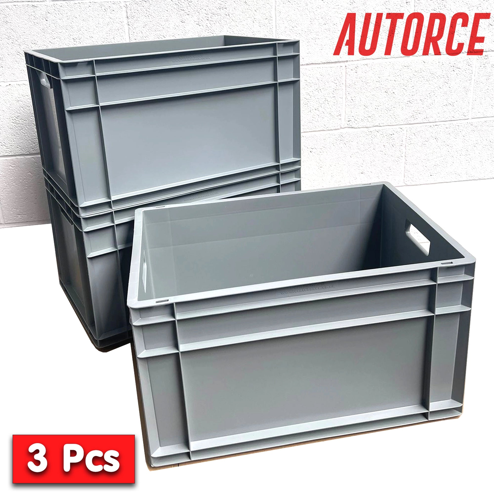 3x 66 Lt Industrial Plastic Storage Euro Crate Box (400x600x340mm) Grey | AUTORCE