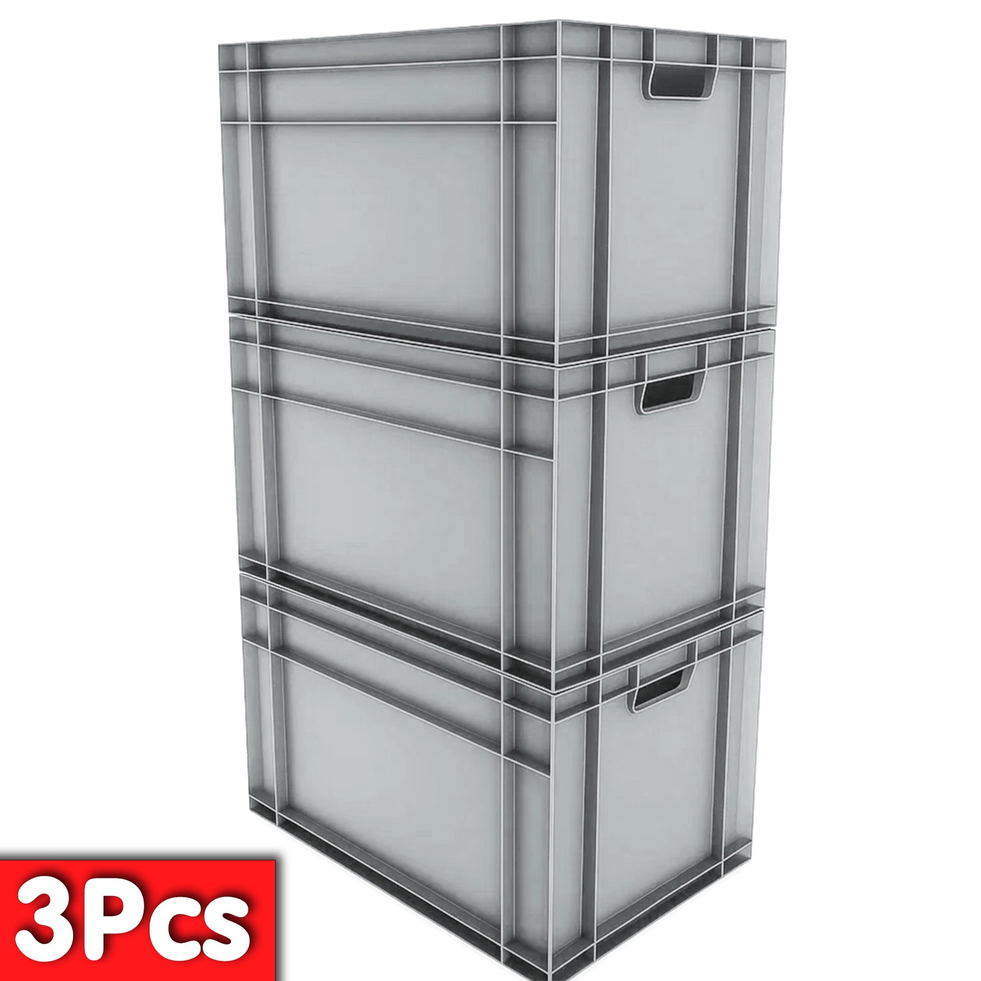 3x 66 Lt Industrial Plastic Storage Euro Crate Box (400x600x340mm) Grey | AUTORCE
