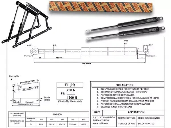 2X Ottoman Bed Lift Up Mechanism and Gas Spring Strut 600N, 800N, 1000N, 1200N